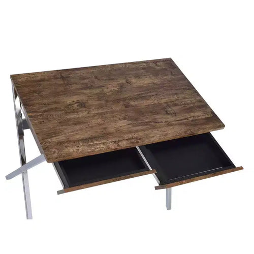 Bureau d'appel Acme Furniture 36 po chêne vieilli et finition chromée : cadre métallique, surface en bois, étagère de rangement ouverte