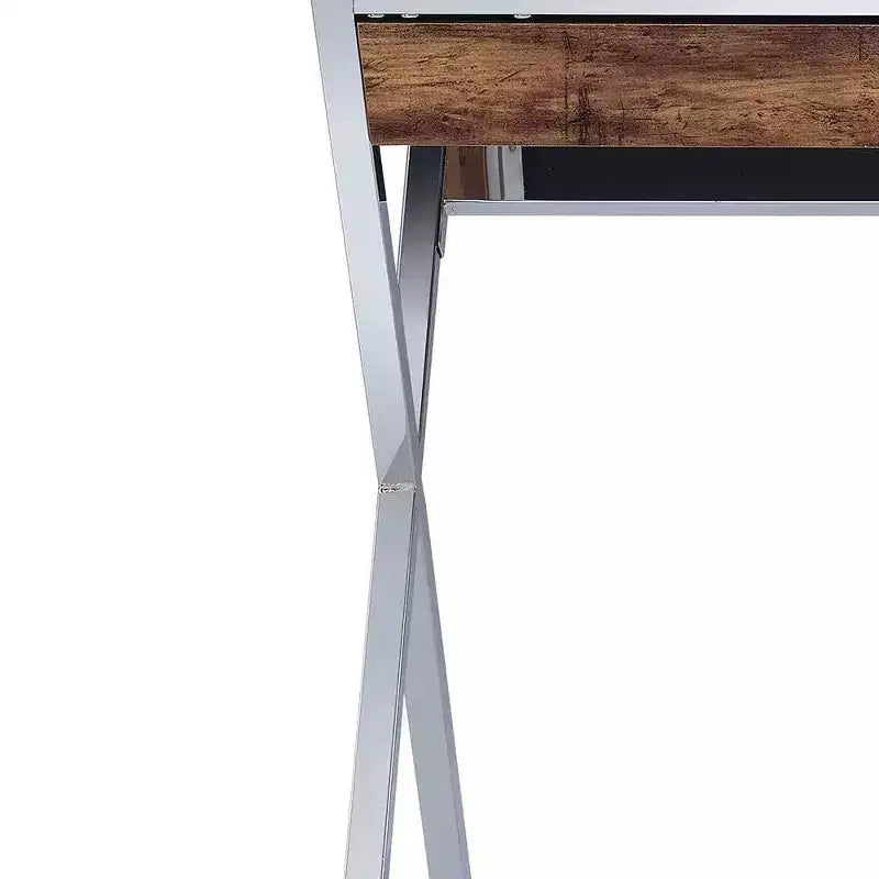 Bureau d'appel Acme Furniture 36 po chêne vieilli et finition chromée : cadre métallique, surface en bois, étagère de rangement ouverte