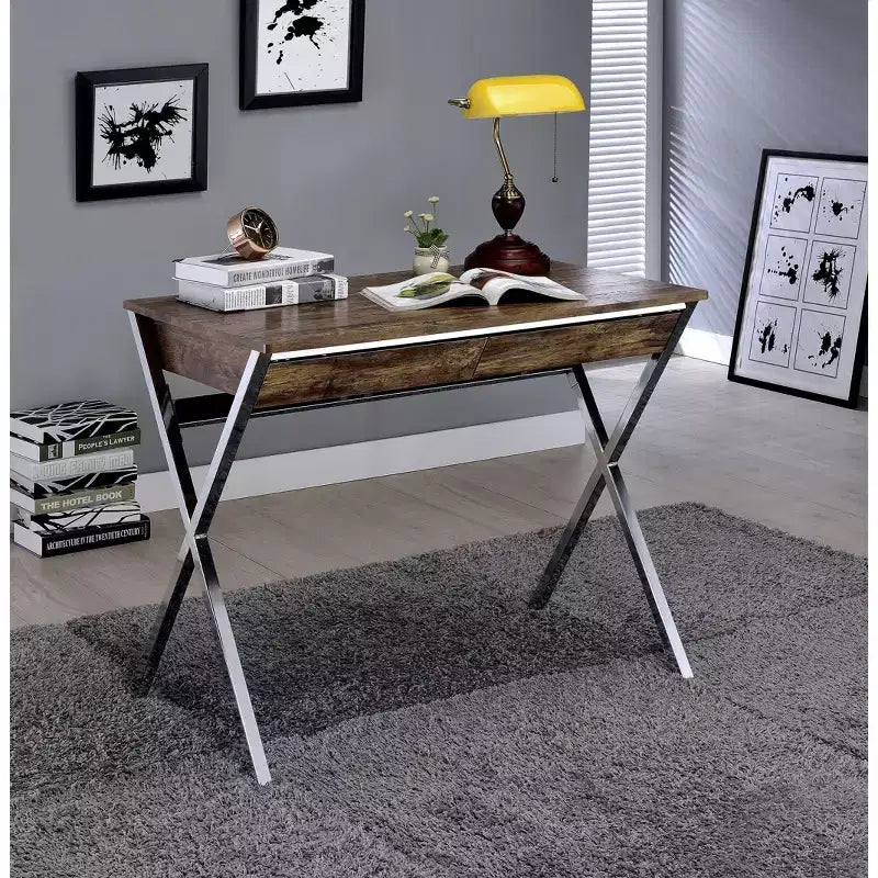 Bureau d'appel Acme Furniture 36 po chêne vieilli et finition chromée : cadre métallique, surface en bois, étagère de rangement ouverte