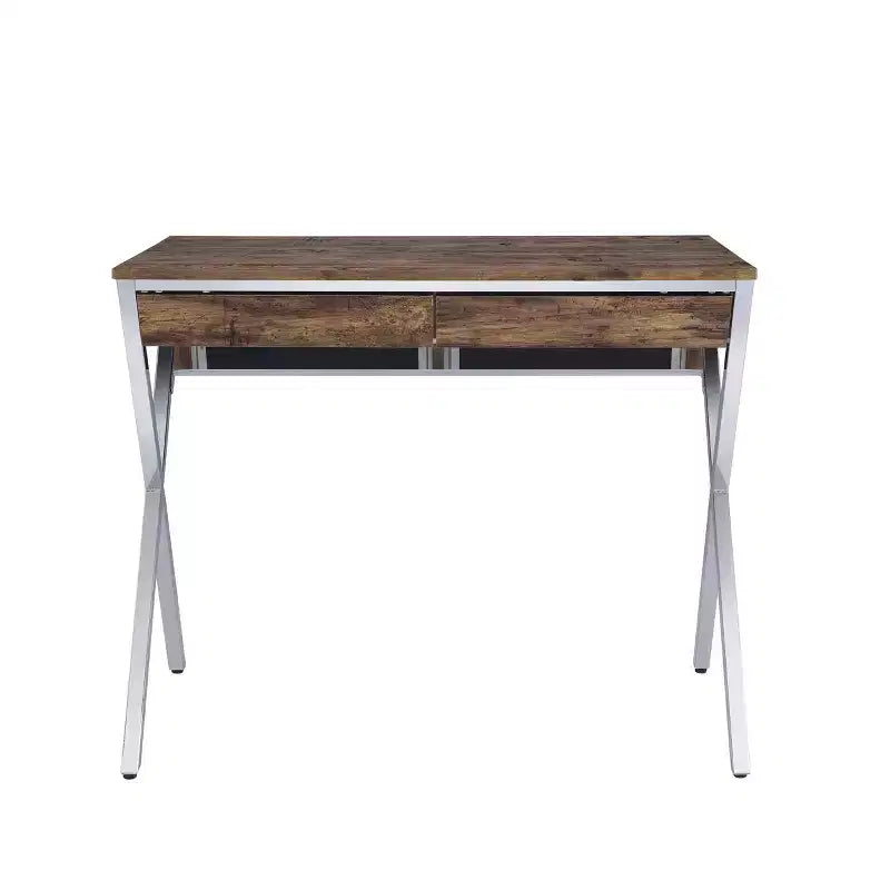Bureau d'appel Acme Furniture 36 po chêne vieilli et finition chromée : cadre métallique, surface en bois, étagère de rangement ouverte
