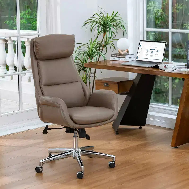 Chaise de bureau pivotante réglable à dossier haut en similicuir marron de style Mid-Century Modern - Gris - Glitzhome : Rembourrée avec accoudoirs fixes et cadre en contreplaqué