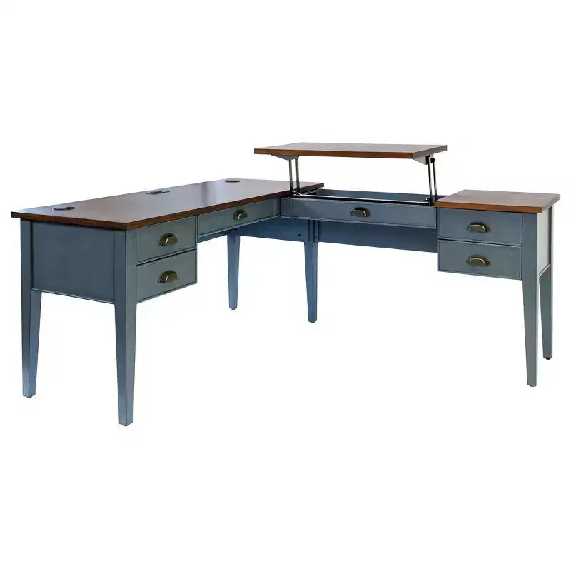 Bureau d'écriture en L avec caisson mobile Bleu - Collection Fairmont - Martin Furniture : Bois, Station de charge, Port USB
