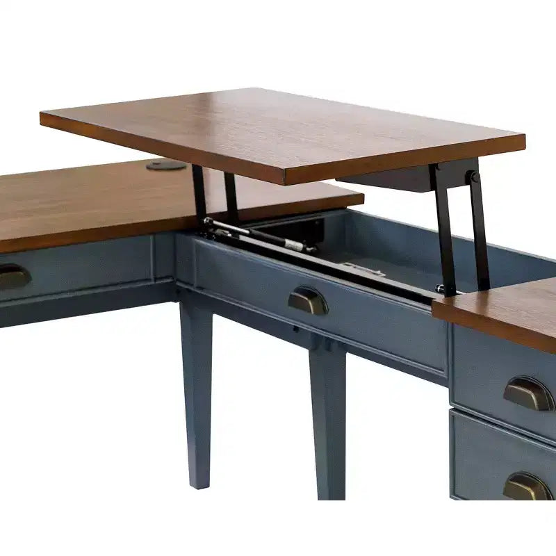Bureau d'écriture en L avec caisson mobile Bleu - Collection Fairmont - Martin Furniture : Bois, Station de charge, Port USB
