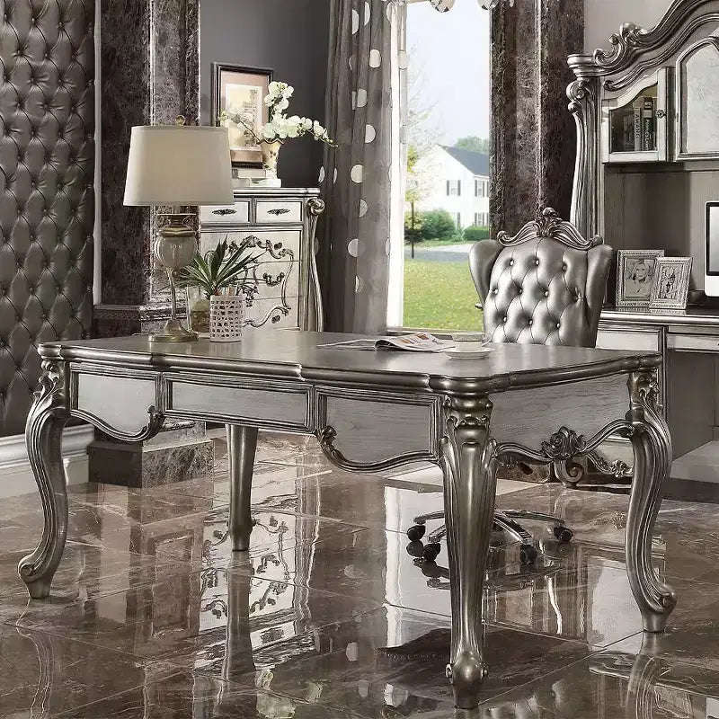 Bureau de direction Versailles Platine antique - Acme Furniture : Surface en placage, cadre en bois, rangement fermé