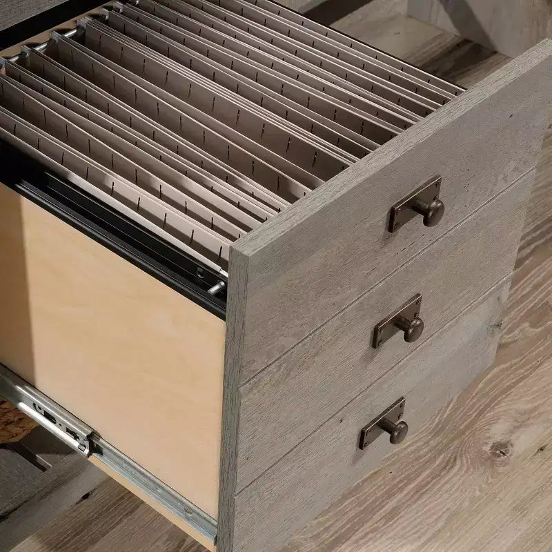 Bureau en L Cottage Road Chêne Mystic - Sauder : Mobilier de bureau à domicile avec étagère ouverte et passe-câbles