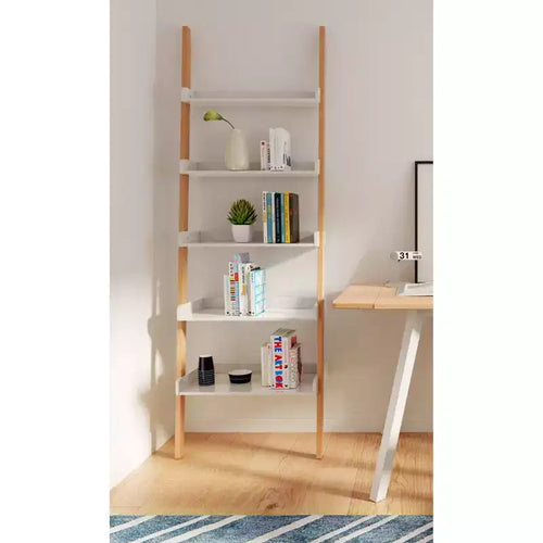 Bibliothèque Remus sur échelle de 76 po en chêne moderne et blanc – Universal Expert : Conception murale inclinée, rangement à 5 niveaux