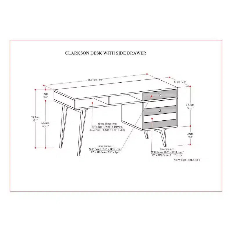 Bureau Wright avec tiroirs latéraux et rangement pour dossiers, moderne du milieu du siècle - WyndenHall