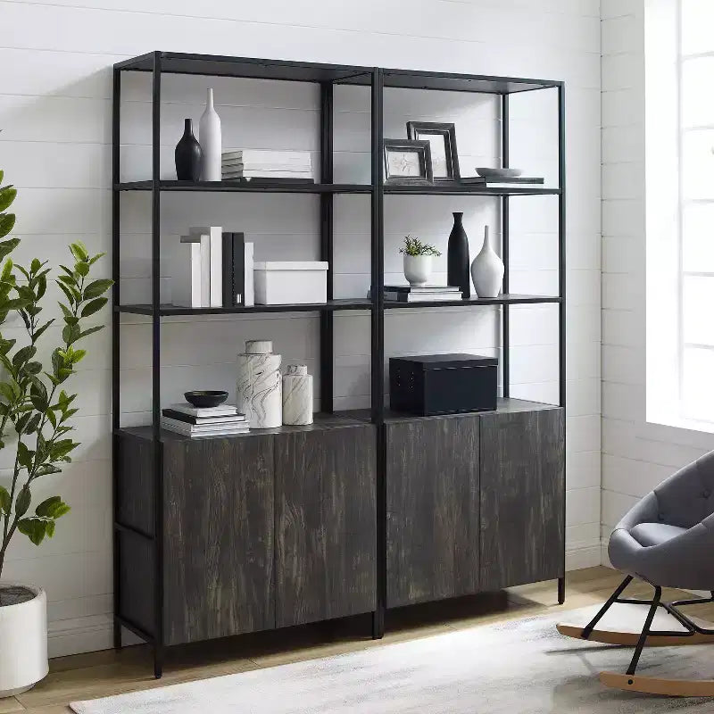Lot de 2 étagères Jacobsen 204,5 cm frêne marron - Crosley : Rangement industriel, cadre en acier, placage bois