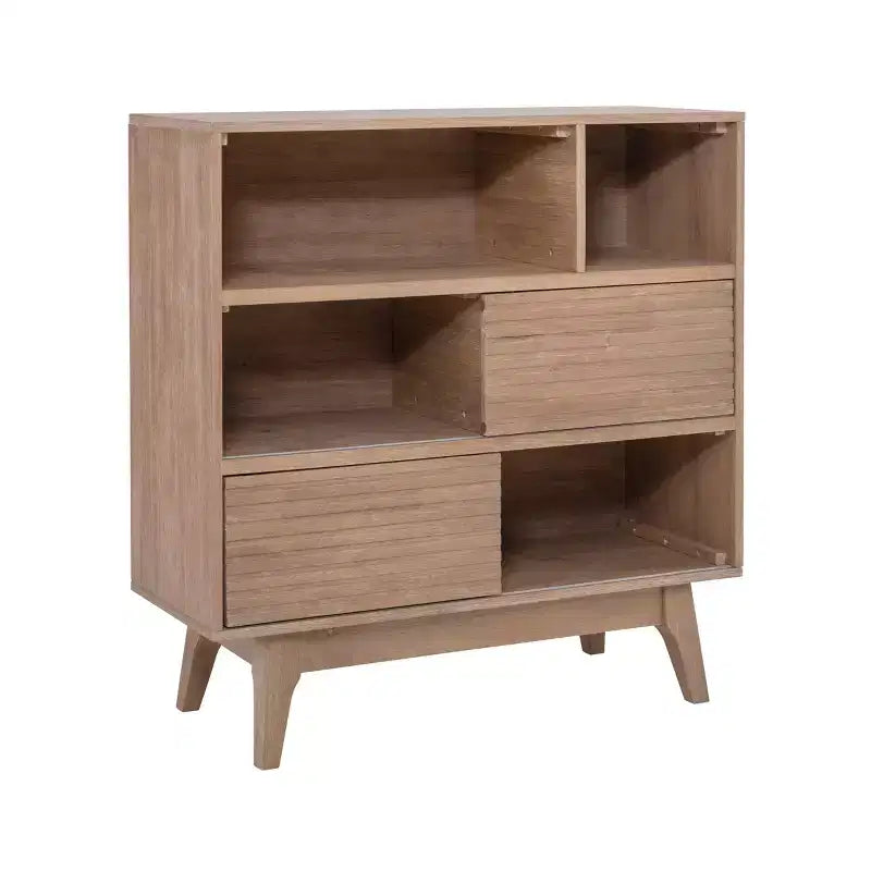 Bibliothèque moderne du milieu du siècle à 3 étagères de 38 po avec portes coulissantes, finition en bois naturel Wedeln - Powell