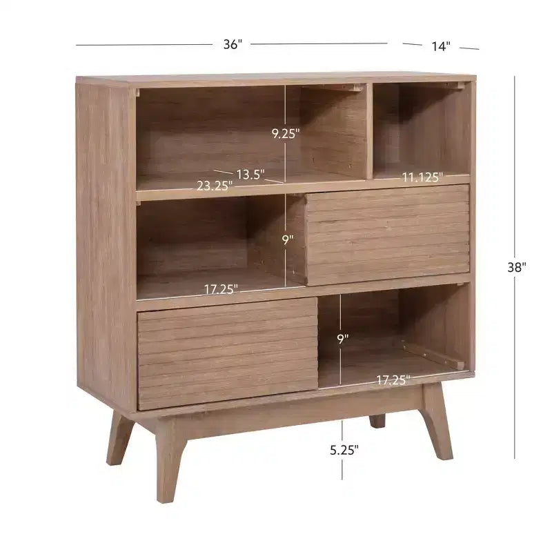 Bibliothèque moderne du milieu du siècle à 3 étagères de 38 po avec portes coulissantes, finition en bois naturel Wedeln - Powell