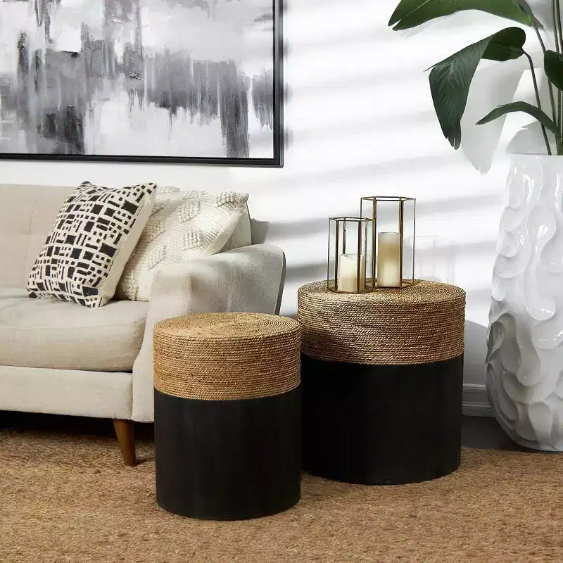 Table d'appoint enveloppée à blocs de couleur faite à la main Olivia et May Wood avec dessus de table en plantes séchées Noir