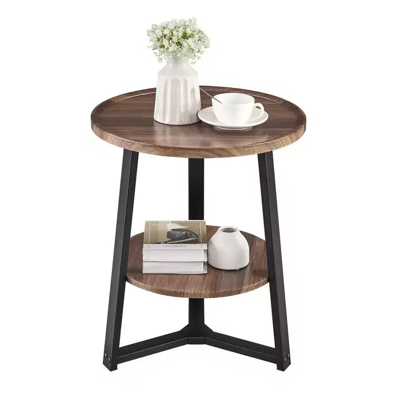 Danya B. Table d'appoint ronde à 2 niveaux Mason de 23,3 x 19,7 po avec pieds piédestal modernes, en noyer/noir : gain de place, stratifié MDF