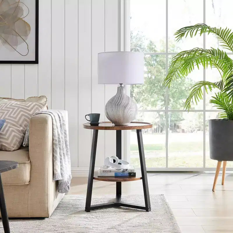 Danya B. Table d'appoint ronde à 2 niveaux Mason de 23,3 x 19,7 po avec pieds piédestal modernes, en noyer/noir : gain de place, stratifié MDF