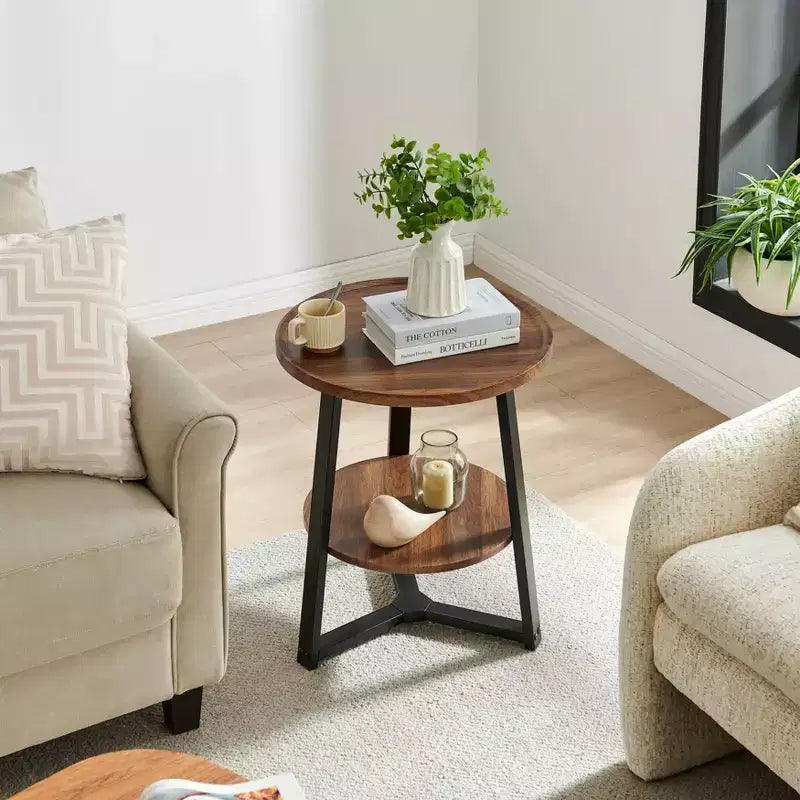 Danya B. Table d'appoint ronde à 2 niveaux Mason de 23,3 x 19,7 po avec pieds piédestal modernes, en noyer/noir : gain de place, stratifié MDF