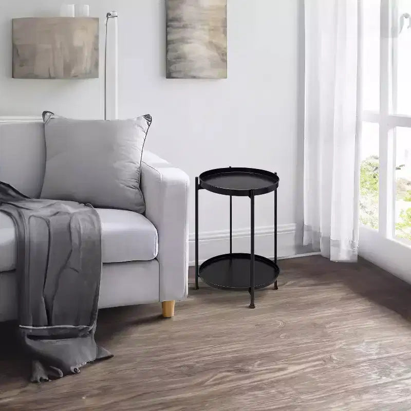Urban Port Table d'appoint moderne 15 po avec plateau rond en métal et pieds pliables noirs