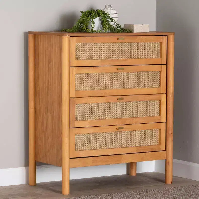 Baxton Studio Jenn Commode 4 Tiroirs en Bois avec Rotin Vieilli Marron Doré/Rotin Vieilli