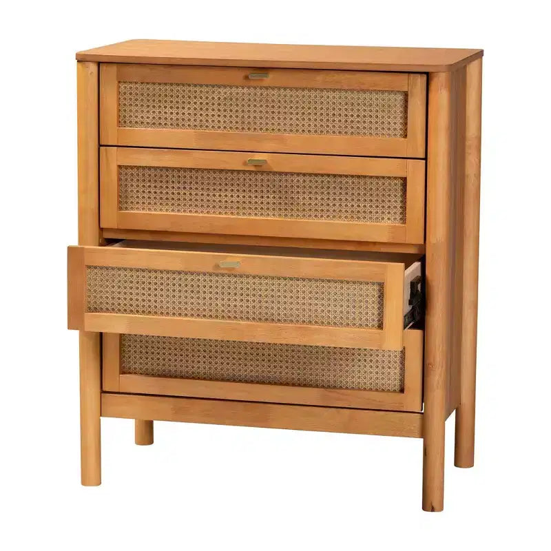 Baxton Studio Jenn Commode 4 Tiroirs en Bois avec Rotin Vieilli Marron Doré/Rotin Vieilli