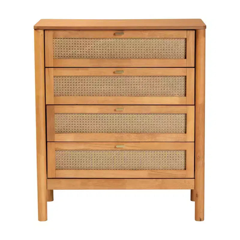 Baxton Studio Jenn Commode 4 Tiroirs en Bois avec Rotin Vieilli Marron Doré/Rotin Vieilli