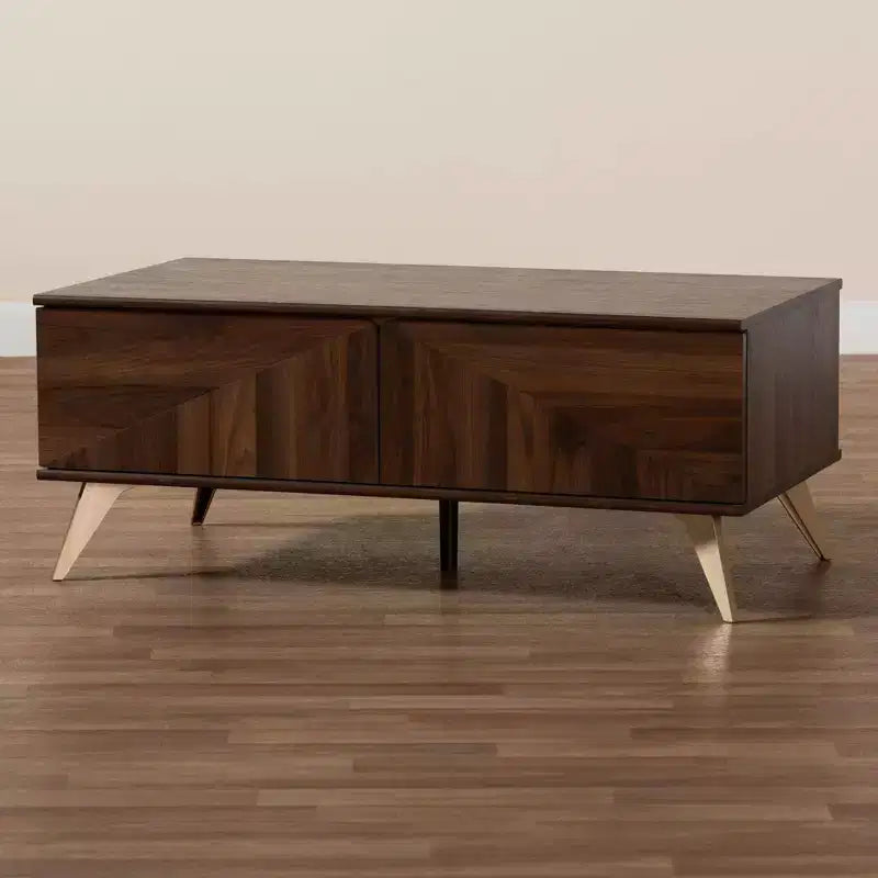 Table basse en bois à 2 tiroirs Graceland Noyer/Or - Baxton Studio : Rangement mi-siècle, Forme rectangulaire