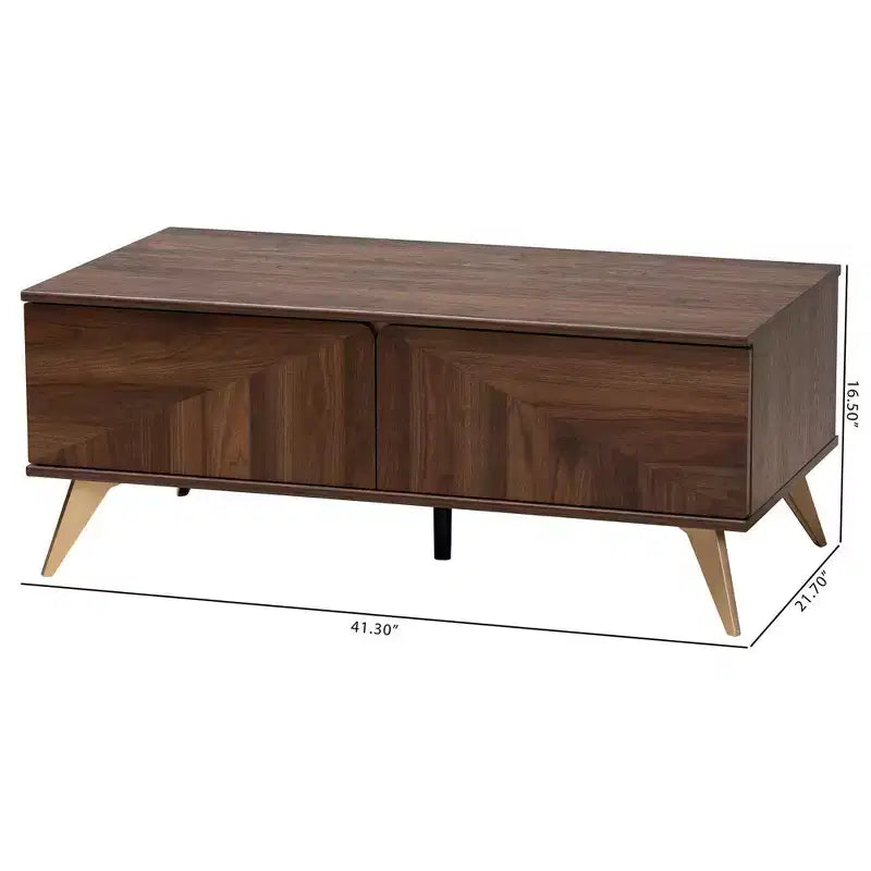 Table basse en bois à 2 tiroirs Graceland Noyer/Or - Baxton Studio : Rangement mi-siècle, Forme rectangulaire