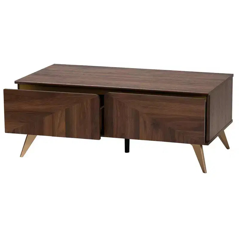 Table basse en bois à 2 tiroirs Graceland Noyer/Or - Baxton Studio : Rangement mi-siècle, Forme rectangulaire
