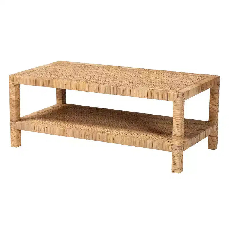 Table basse rectangulaire en rotin et bois d'acajou, Bali et Pari Kalimantan, miel clair