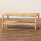 Table basse rectangulaire en rotin et bois d'acajou, Bali et Pari Kalimantan, miel clair