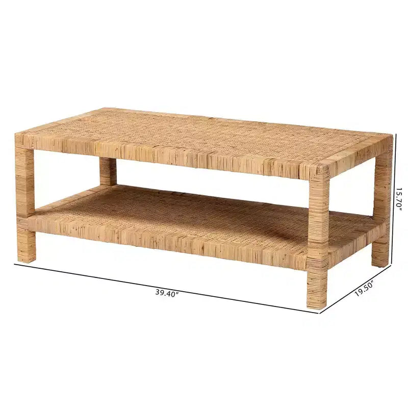 Table basse rectangulaire en rotin et bois d'acajou, Bali et Pari Kalimantan, miel clair