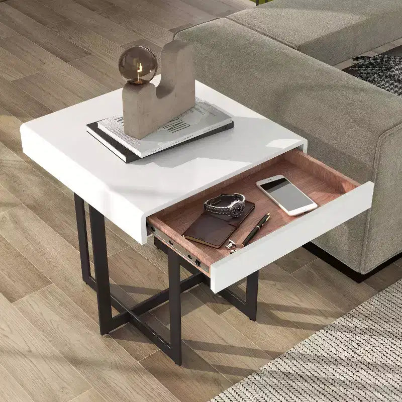 Neyo Table d'appoint carrée de 55,8 cm en MDF avec tiroir, Blanc - miBasics