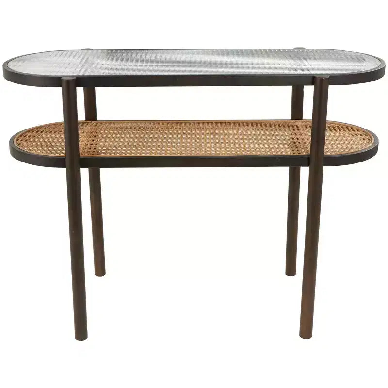 Olivia & May Console en rotin avec dessus en verre trempé pressé marron : style fermier, aucun assemblage requis