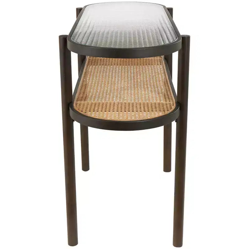 Olivia & May Console en rotin avec dessus en verre trempé pressé marron : style fermier, aucun assemblage requis