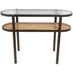 Olivia & May Console en rotin avec dessus en verre trempé pressé marron : style fermier, aucun assemblage requis