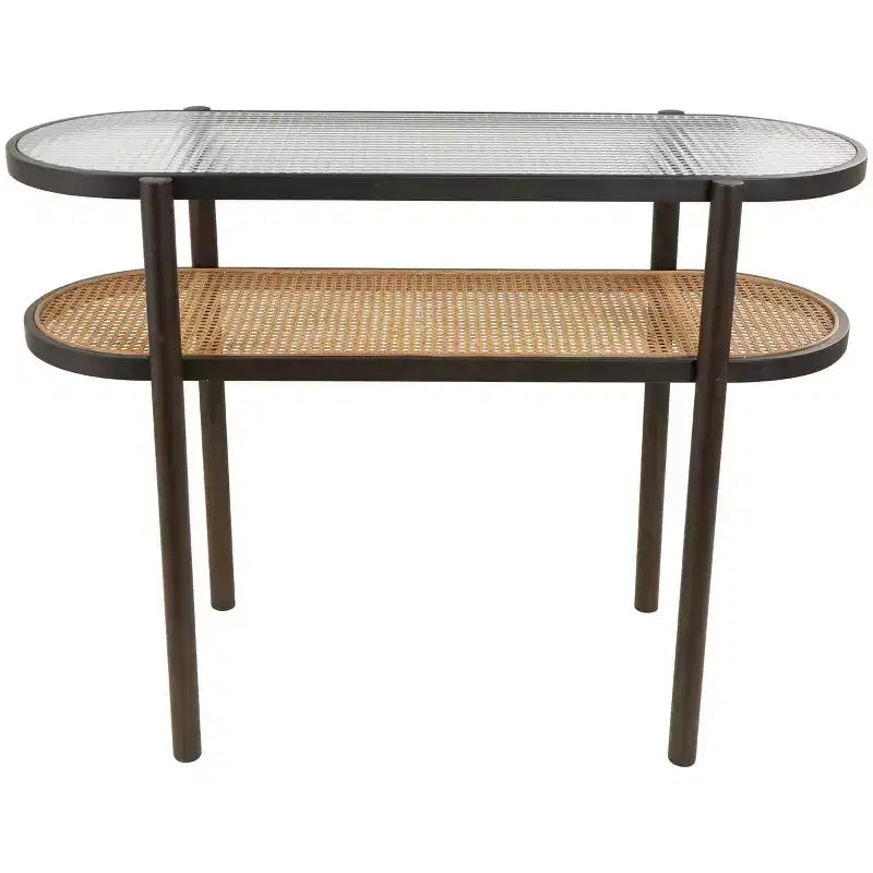 Olivia & May Console en rotin avec dessus en verre trempé pressé marron : style fermier, aucun assemblage requis