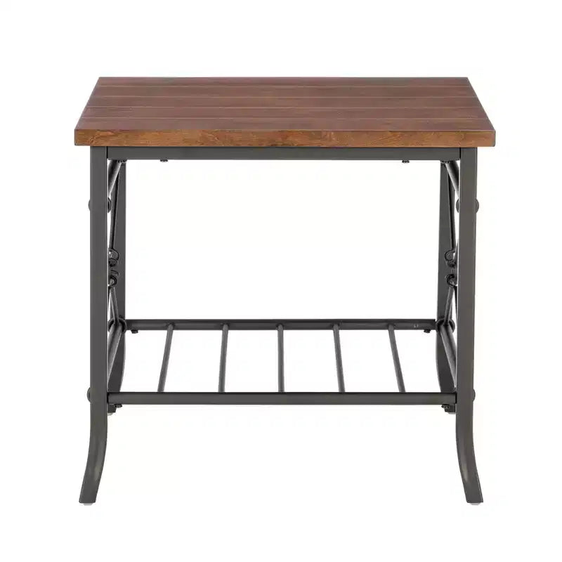 Powell Richie Ensemble 3 tables basses et d'appoint Métal finition bronze foncé et dessus en placage châtaignier : Ensemble de mobilier de salon rectangulaire