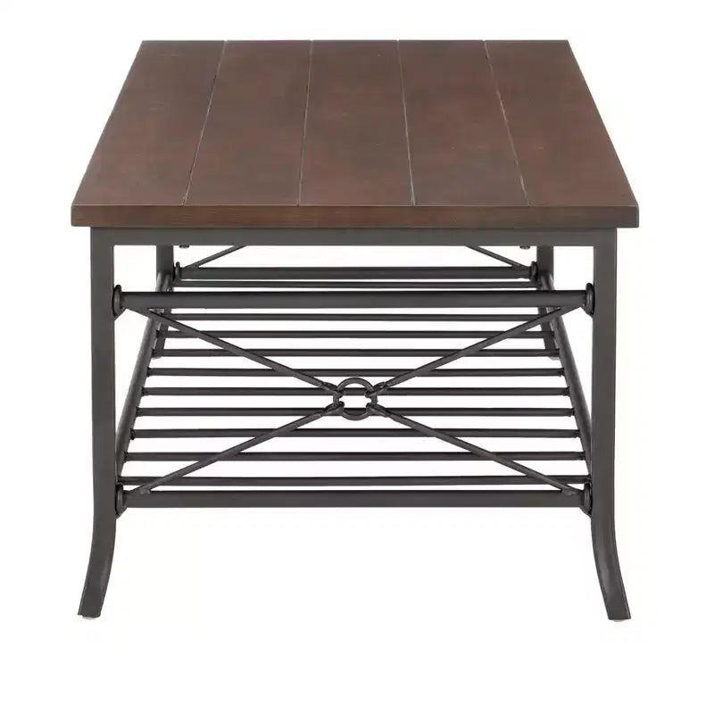 Powell Richie Ensemble 3 tables basses et d'appoint Métal finition bronze foncé et dessus en placage châtaignier : Ensemble de mobilier de salon rectangulaire