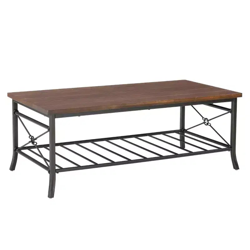 Powell Richie Ensemble 3 tables basses et d'appoint Métal finition bronze foncé et dessus en placage châtaignier : Ensemble de mobilier de salon rectangulaire