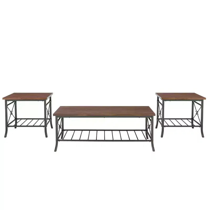 Powell Richie Ensemble 3 tables basses et d'appoint Métal finition bronze foncé et dessus en placage châtaignier : Ensemble de mobilier de salon rectangulaire