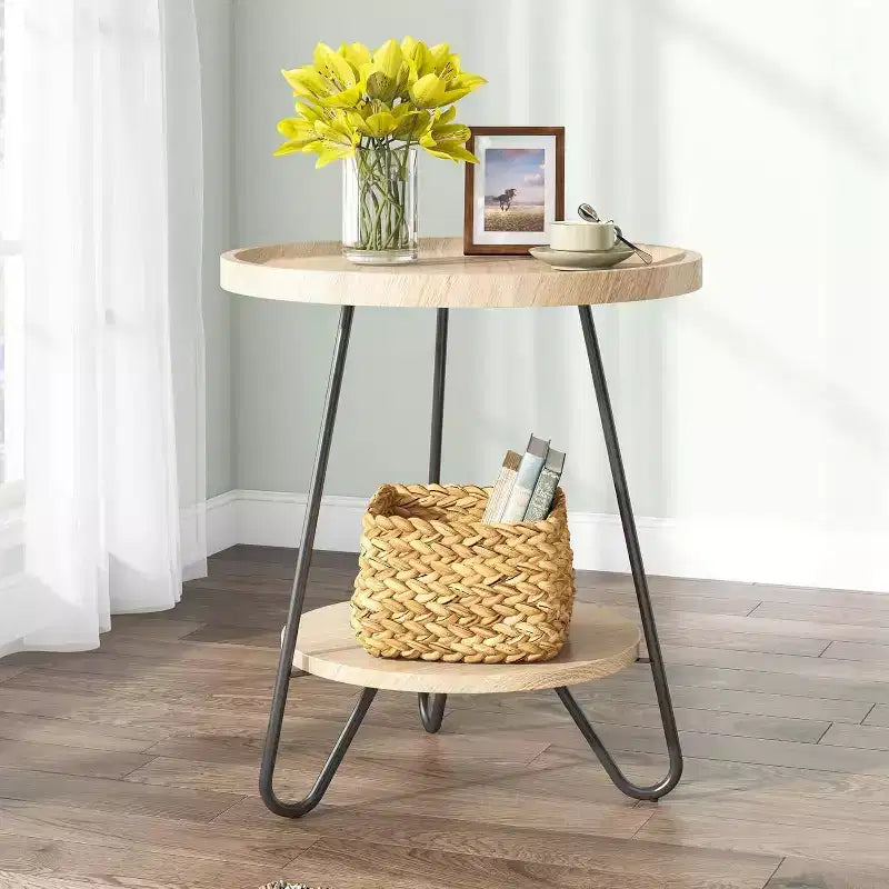 LITTLE TREE Table d'appoint ronde à 2 niveaux, marron rustique