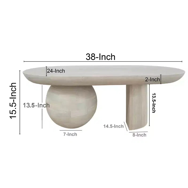 Table basse Urban Port de 96,5 cm avec plateau oblong en bois de manguier et pieds boules modernes, coloris blanc délavé