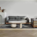 Table basse Urban Port de 96,5 cm avec plateau oblong en bois de manguier et pieds boules modernes, coloris blanc délavé
