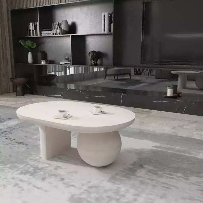 Table basse Urban Port de 96,5 cm avec plateau oblong en bois de manguier et pieds boules modernes, coloris blanc délavé