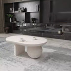 Table basse Urban Port de 96,5 cm avec plateau oblong en bois de manguier et pieds boules modernes, coloris blanc délavé