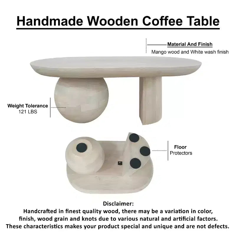 Table basse Urban Port de 96,5 cm avec plateau oblong en bois de manguier et pieds boules modernes, coloris blanc délavé