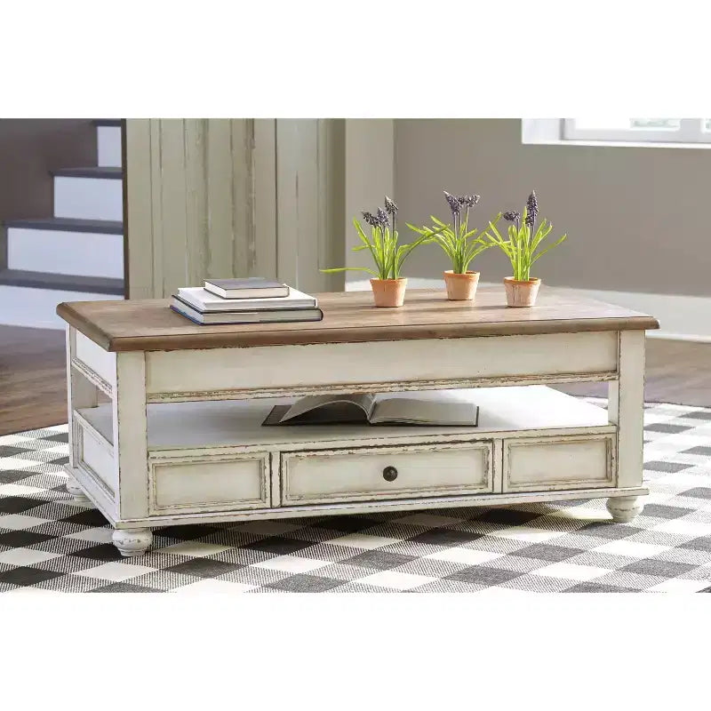 Table basse relevable Realyn Blanc/Brun - Signature Design by Ashley : Style Mid-Century, Rangement, Pieds en bois