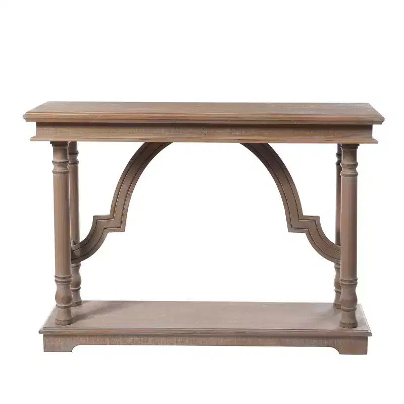 Console en bois avec piètement en tréteaux et design arqué, couleur marron - StyleCraft : Entrée, Profil étroit, Bois massif
