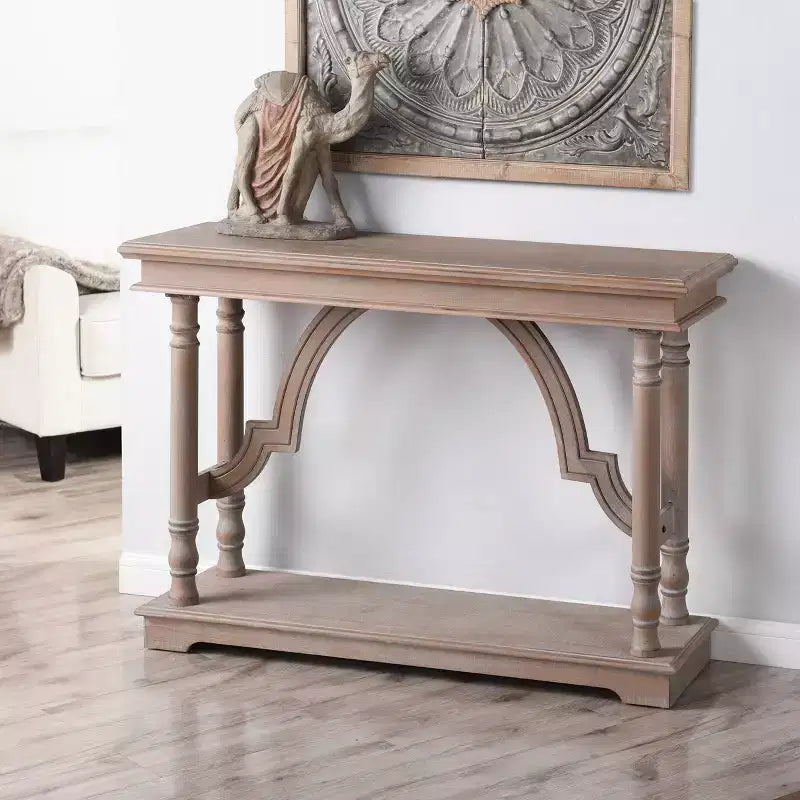 Console en bois avec piètement en tréteaux et design arqué, couleur marron - StyleCraft : Entrée, Profil étroit, Bois massif