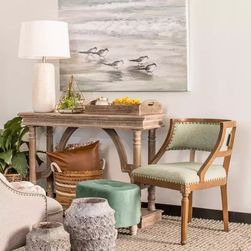 Console en bois avec piètement en tréteaux et design arqué, couleur marron - StyleCraft : Entrée, Profil étroit, Bois massif