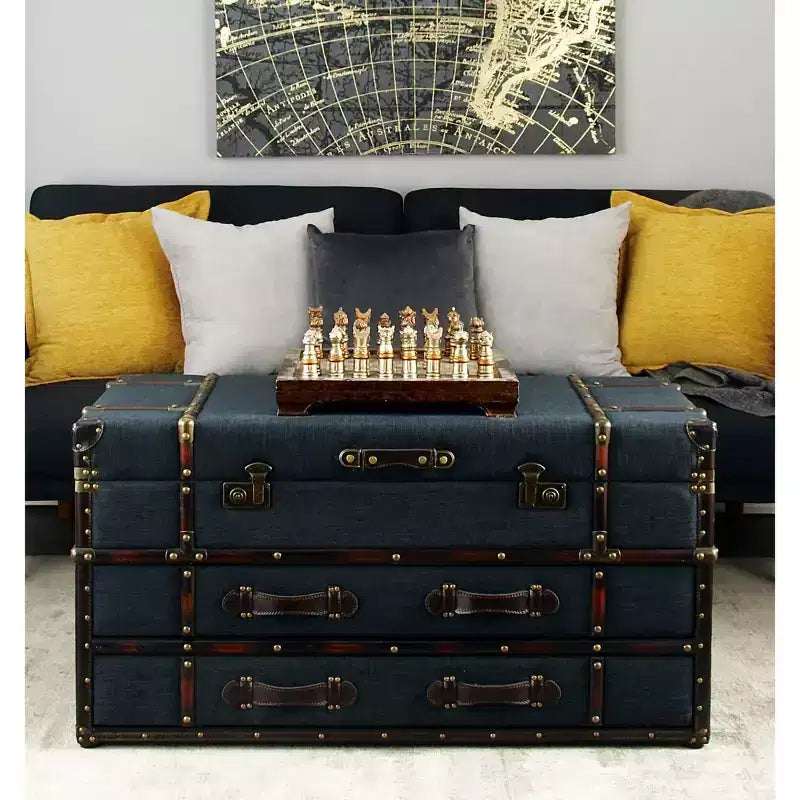 Table basse traditionnelle en lin et bois bleu foncé - Olivia & May