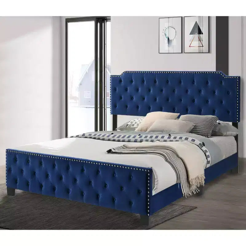 LITS : Intérieur + Extérieur Lit capitonné California King Frostveil avec clous décoratifs Bleu marine