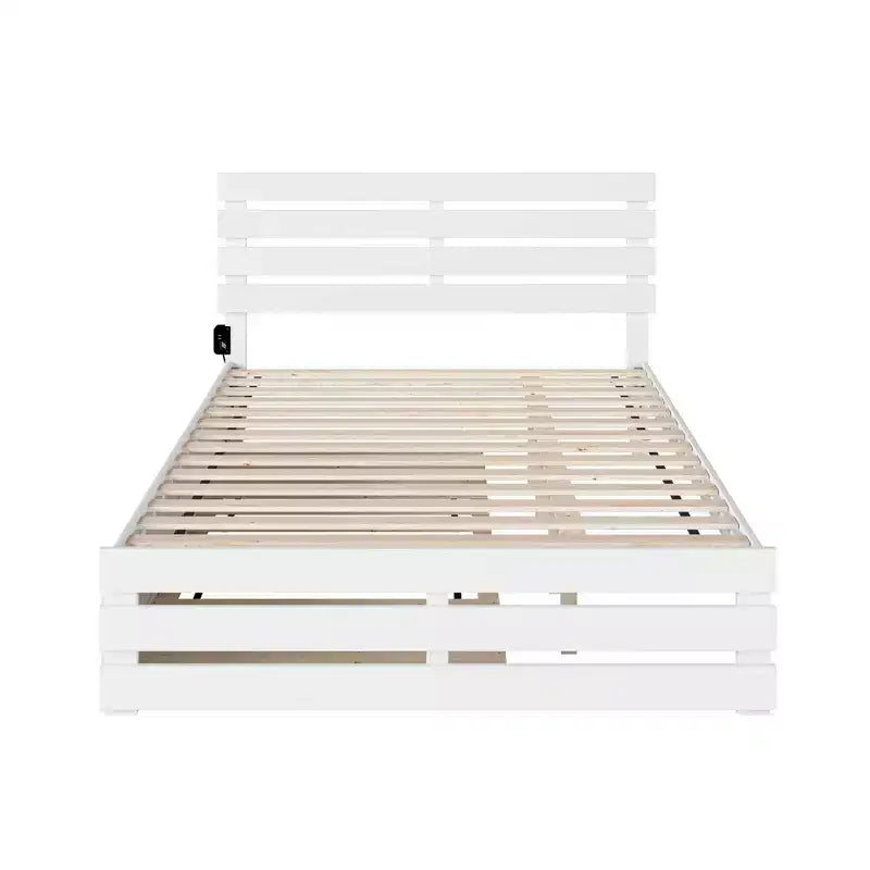 Lit Queen Oxford avec pied de lit, chargeur USB et tiroir-lit XL - AFI : Style Ferme, cadre en bois massif, finition peinte, capacité de 360 kg